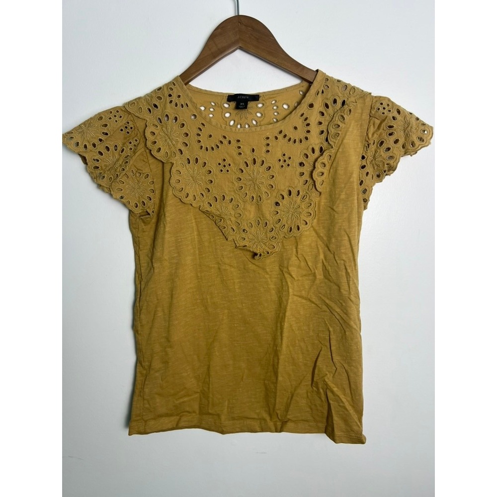 XS J.Crew Mustard Yellow Eyelet Embroidery Flutter Sleeve Slub Cotton Top
